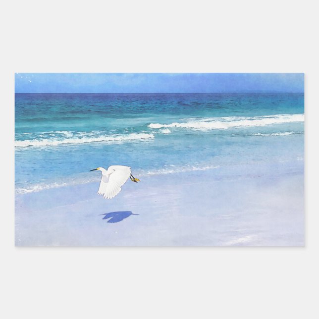Snowy Egret Coastal Watercolor Rectangular Sticker (Front)