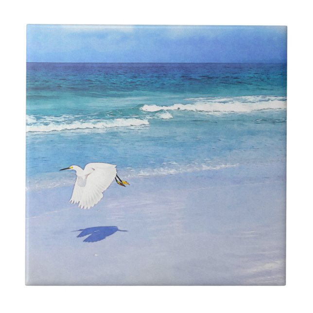 Snowy Egret Coastal Watercolor Tile (Front)