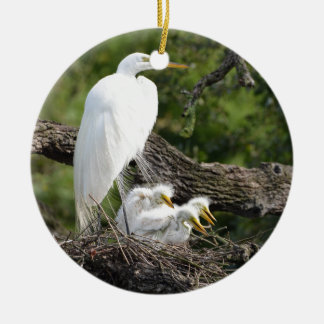 Snowy Egret Family Ceramic Tree Decoration