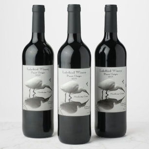 Snowy egret fishing wine label
