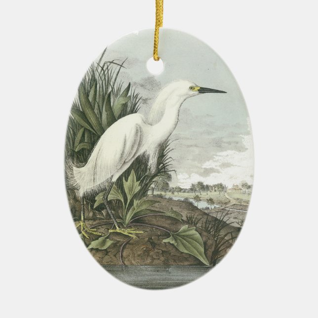 Snowy Egret, John Audubon Ceramic Tree Decoration (Front)