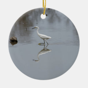 "Snowy Egret on the Hunt" Ceramic Tree Decoration