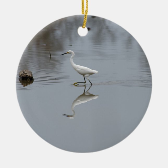 "Snowy Egret on the Hunt" Ceramic Tree Decoration (Front)