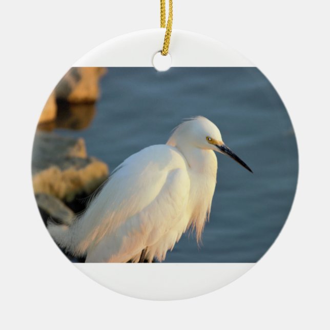 Snowy Egret Photo Ceramic Tree Decoration (Front)