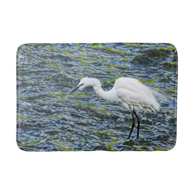 Snowy Egret Stork Lake White Bird Bath Mat (Front)
