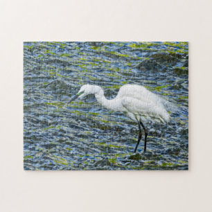 Snowy Egret with Blue & Green Lake Fractal Art Jigsaw Puzzle