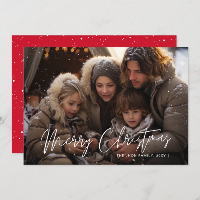 Snowy Elegance Photo Merry Christmas Red  Holiday Card (Front/Back)