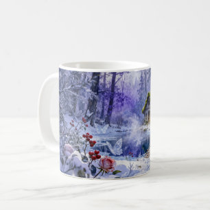 Snowy Enchanted Forest Cottage with Bridge and Glo Coffee Mug