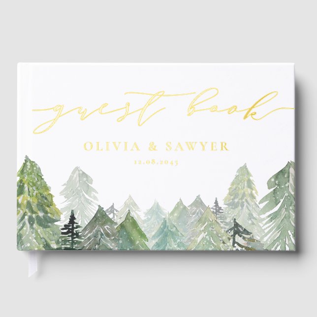 Snowy Evergreen Forest Script Winter Wedding Guest Book (Front)