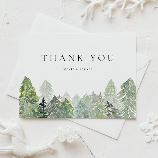 Snowy Evergreen Forest Winter Wedding Thank You Postcard (Wedding thank you postcard with snowy watercolor pine forest, perfect for winter and rustic events.)