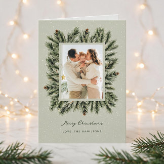 Snowy Evergreen Frame Sage Green Christmas Photo Holiday Card