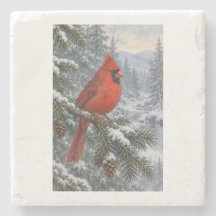 Snowy Evergreen with a Bright Red Cardinal