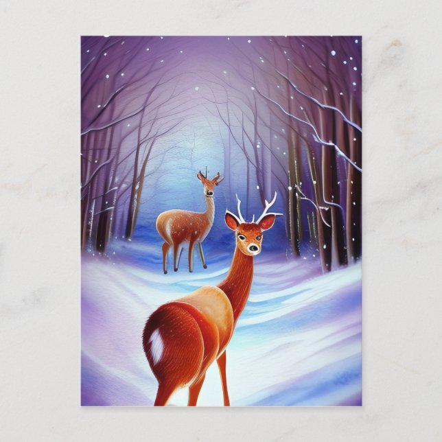 Snowy Fairytale Landscape with Chasing Deer Holiday Postcard (Front)