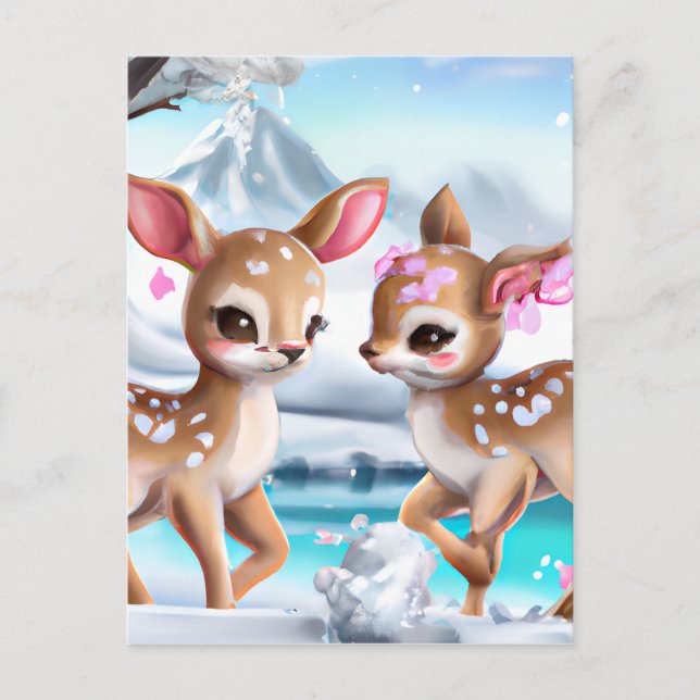Snowy Fawn Chasing in a Colourful Landscape Postcard (Front)