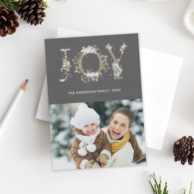 Snowy Floral Joy Holiday Photo Card (Creator Uploaded)