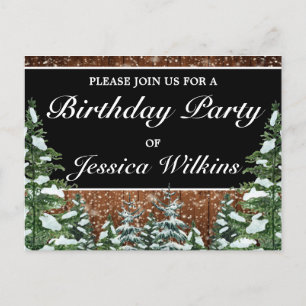 Snowy Forest Birthday Black Invitation Postcard