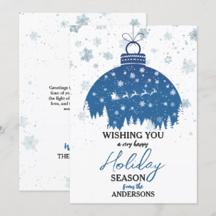 Snowy Forest Christmas Blue Ornament Santa Sleigh Holiday Card