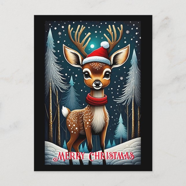 Snowy Forest Cute Santa Baby Deer Christmas  Postcard (Front)