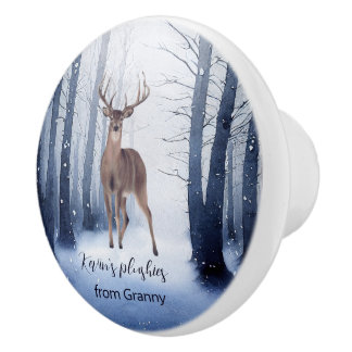 Snowy forest deer Christmas feel custom name Ceramic Knob