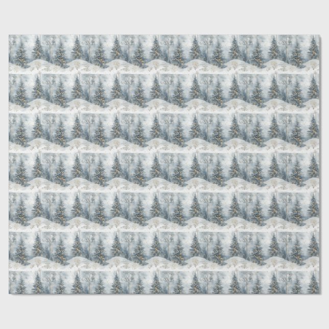 Snowy Forest Gift Wrap with Gold Lights (Flat)