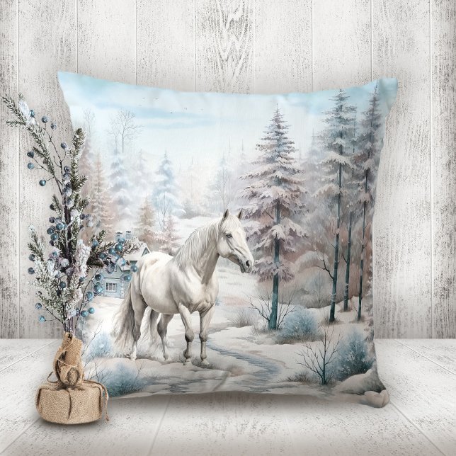 Snowy forest Horse winter scene Christmas Cushion (Snowy forest Horse winter scene Christmas Throw Pillow)