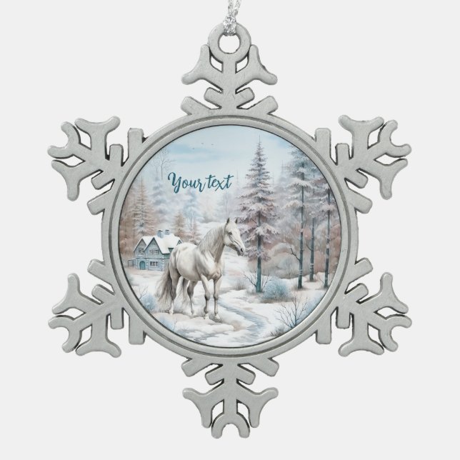 Snowy forest Horse winter scene Christmas Snowflake Pewter Christmas Ornament (Front)