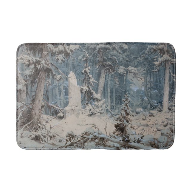 Snowy Forest in Winter (by Andreas Achenbach) Bath Mat (Front)