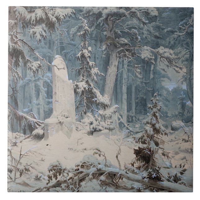 Snowy Forest in Winter (by Andreas Achenbach) Tile (Front)