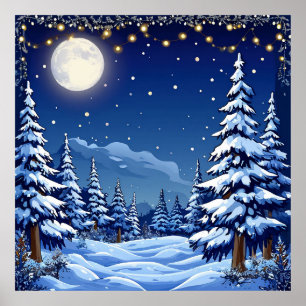 Snowy Forest Landscape Under a Moonlit Night Poster