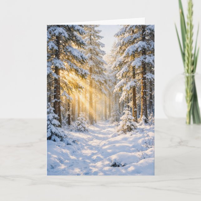 Snowy Forest Morning Light – Winter Greeting Card (Front)