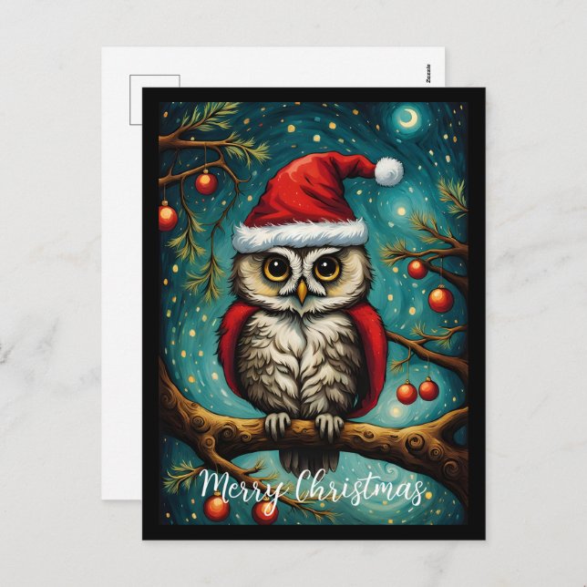 Snowy Forest Night Cute Owl Merry Christmas  Holiday Postcard (Front/Back)