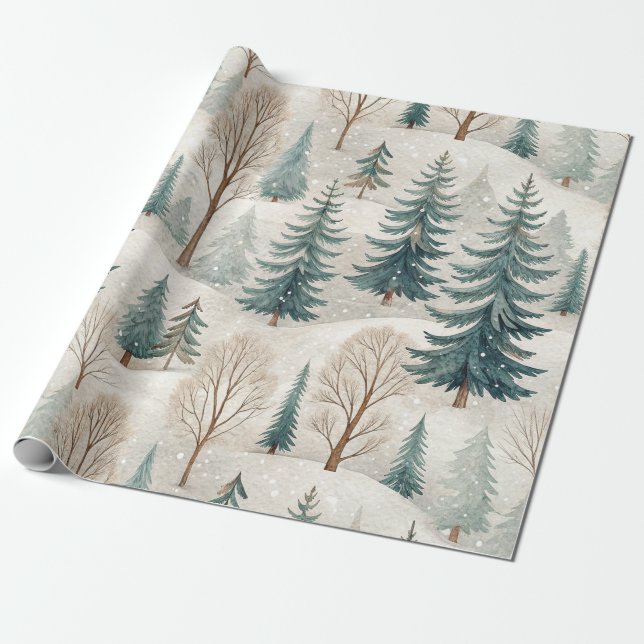 Snowy Forest Pattern – Peaceful Winter Landscape Wrapping Paper (Unrolled)