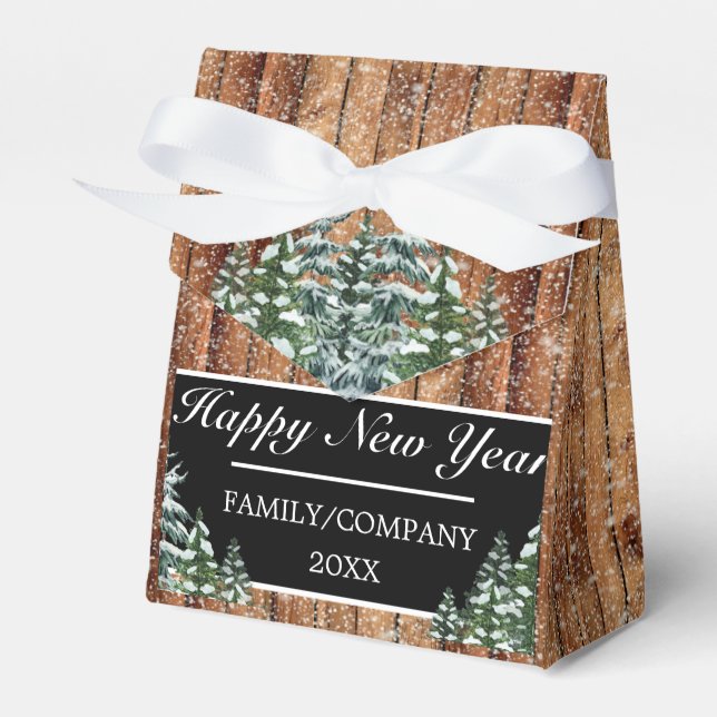 Snowy Forest Rural Happy New Year Logo Snowflake Favour Box (Front Side)