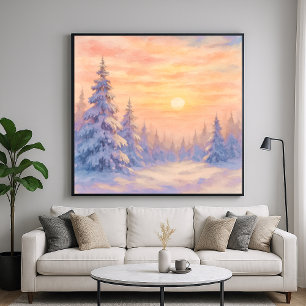 Snowy Forest Sunset - Watercolor Style Art Poster