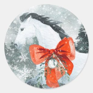 Snowy Forest White Horse Red Bow Holiday Portrait Classic Round Sticker