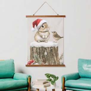Snowy Forest Winter Woodland Christmas Bunny Bird Hanging Tapestry