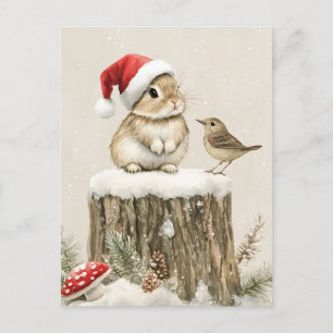 Snowy Forest Winter Woodland Christmas Bunny Bird  Holiday Postcard
