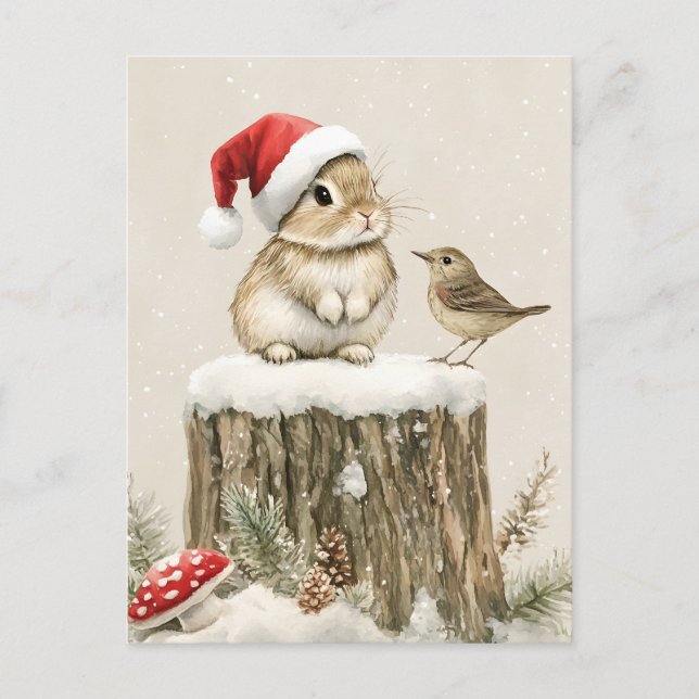 Snowy Forest Winter Woodland Christmas Bunny Bird  Holiday Postcard (Front)