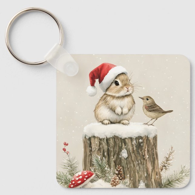 Snowy Forest Winter Woodland Christmas Bunny Bird  Key Ring (Front)
