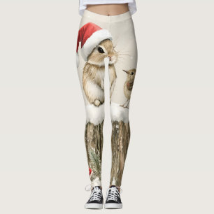 Snowy Forest Winter Woodland Christmas Bunny Bird Leggings