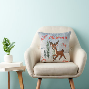 Snowy forest with a baby deer Christmas Cushion