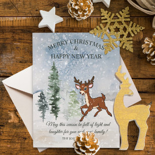 Snowy forest with a baby deer holiday postcard