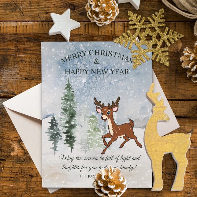 Snowy forest with a baby deer  holiday postcard (Creator Uploaded)