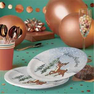 Snowy forest with a baby deer  paper plate