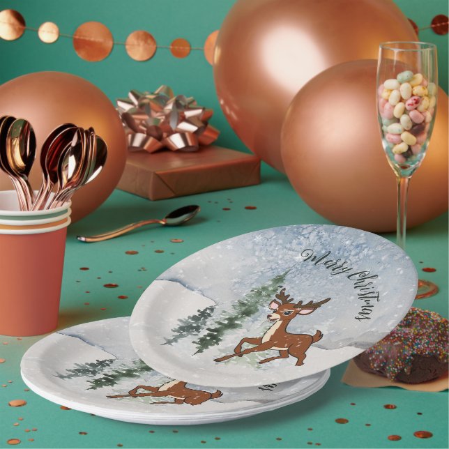Snowy forest with a baby deer  paper plate (Multi)