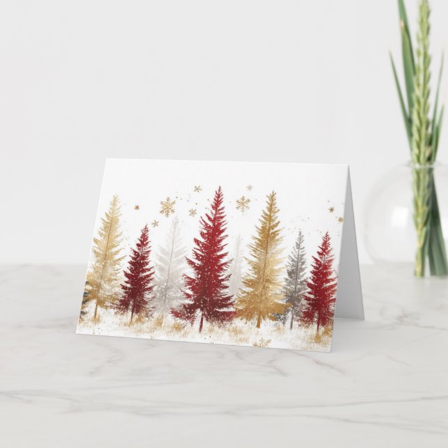 Snowy Forest with Gold and Silver Trees Card (Front)