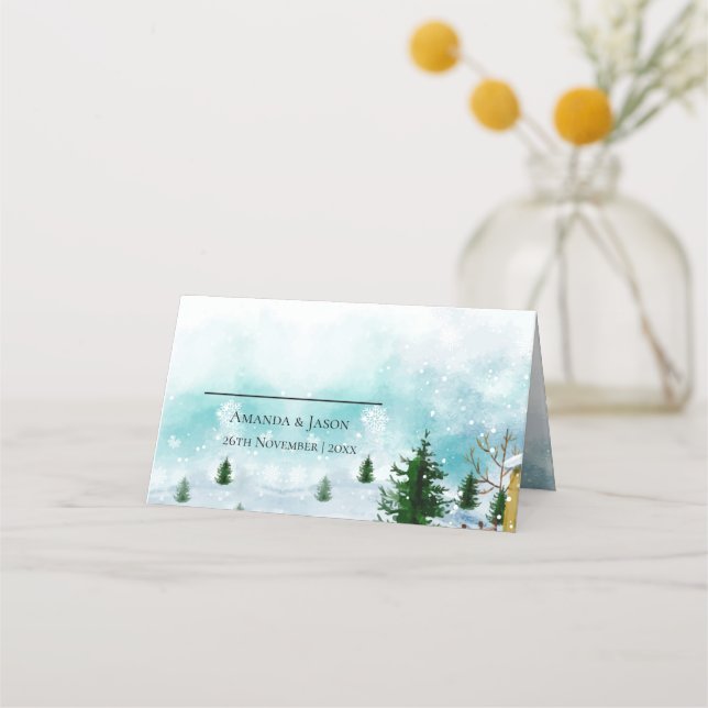 Snowy Frosty Winter Morning Snowflakes Wedding Place Card (Front)