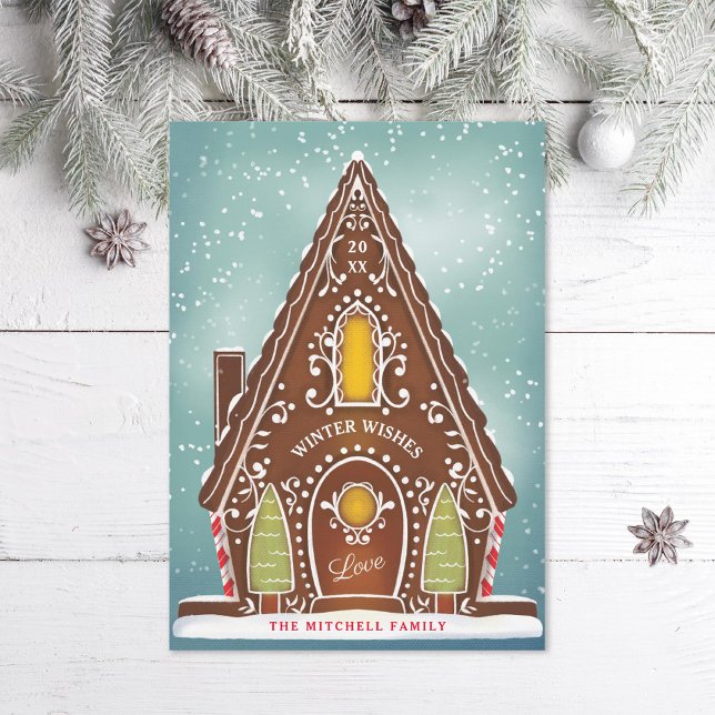 Snowy Gingerbread House Illustration Holiday Photo Card (Creator Uploaded)