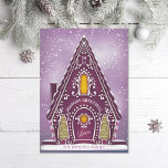 Snowy Gingerbread House Purple Non-Photo Holiday Card<br><div class="desc">Original illustration of a snowy gingerbread house with cookie trees and royal icing details. Editable greeting; add your own message or photo to the back.</div>
