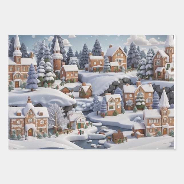 Snowy Gingerbread Village Christmas Wrapping Paper Sheet (Front)